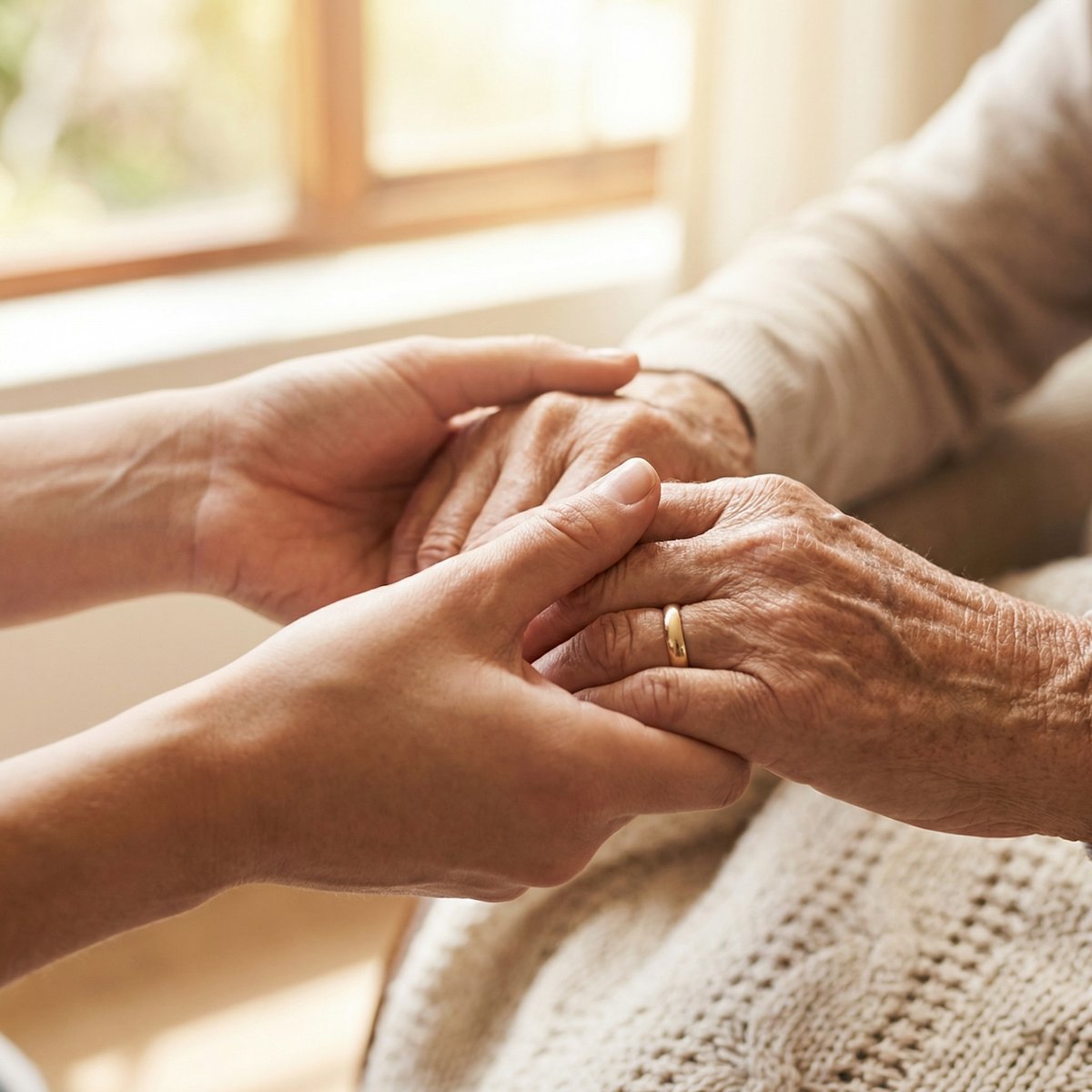 Therapist holding elderly client's hands — warm, caring connection